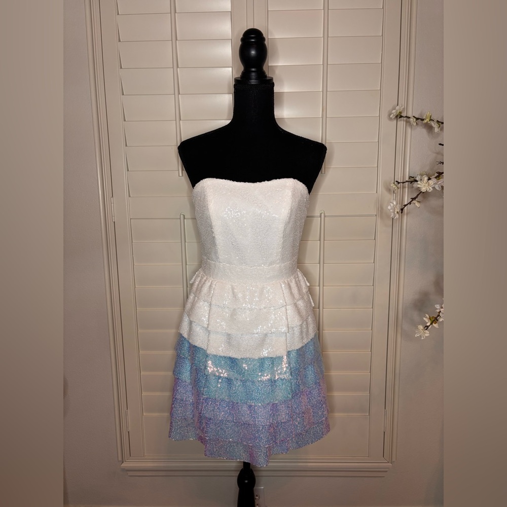 Jovani girls strapless sequin iridescent tiered dress size 14 pageant dress